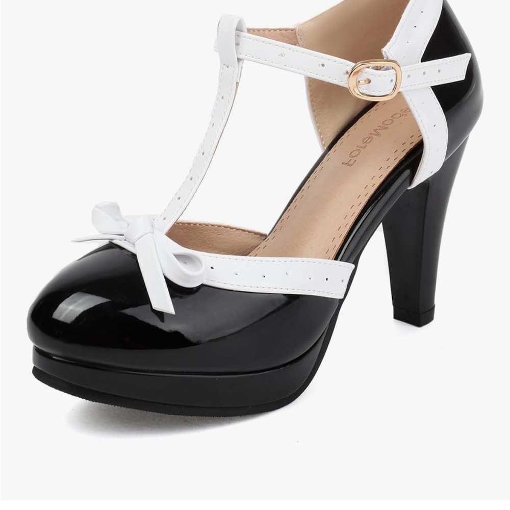 Chic Black and White T-Strap Heels